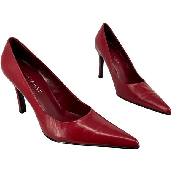 Vintage y2k Women's Red Leather Nine West Pointed Toe Stiletto Heel Pumps 6.5M - Picture 1 of 8